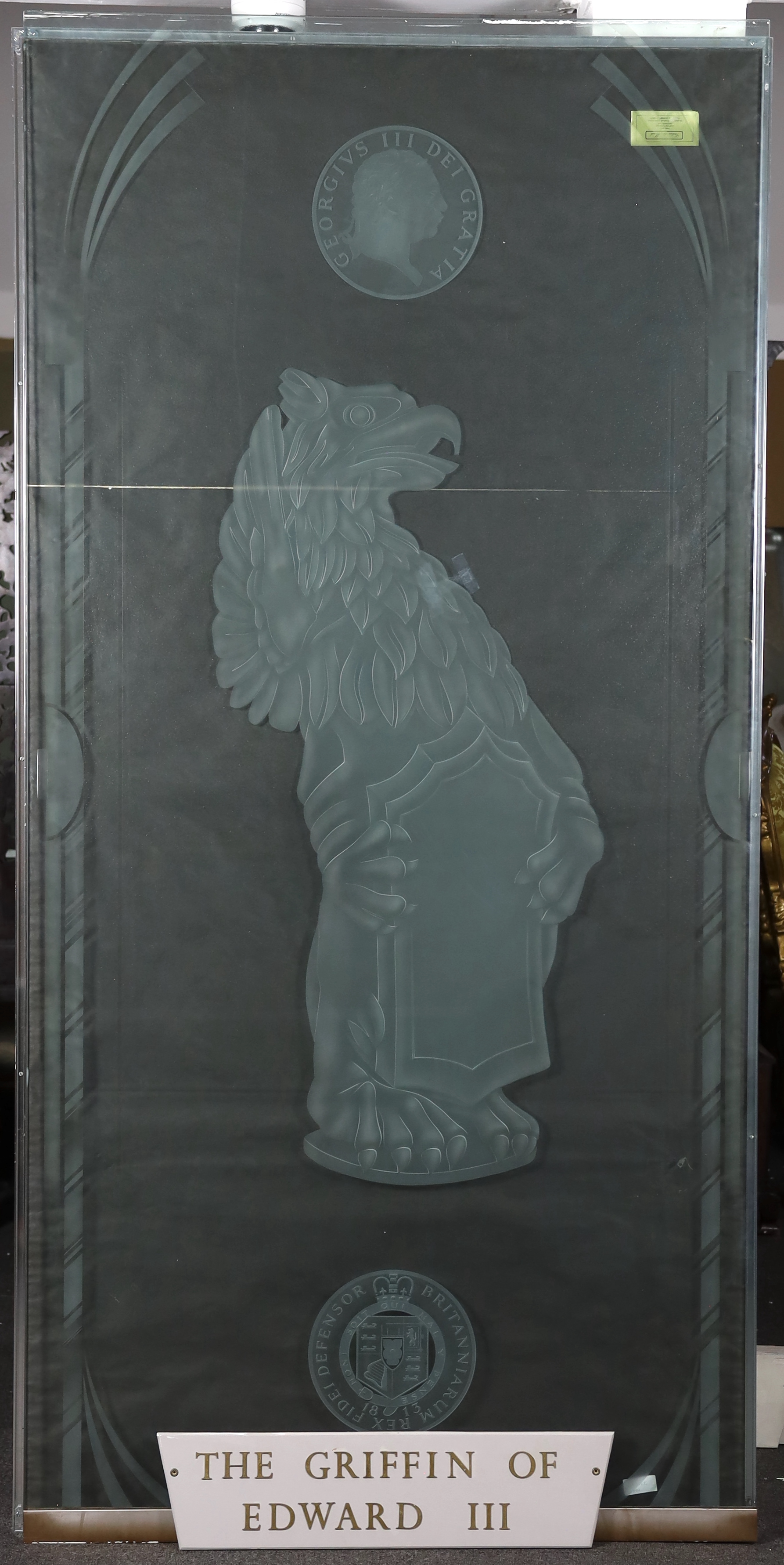 A set of six large cut and etched glass door panels 112cm wide, 230cm high